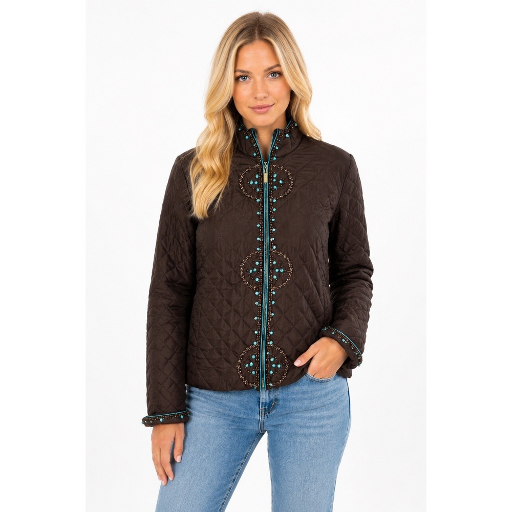 Silkland Quilted Beaded Jacket Brown Turquoise Western Boho Goblincore Artisan‎ - Picture 4 of 16